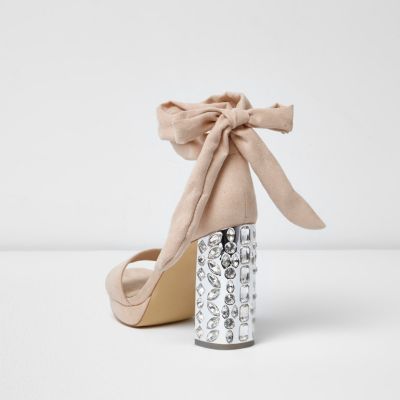 Nude embellished tie up platform heels